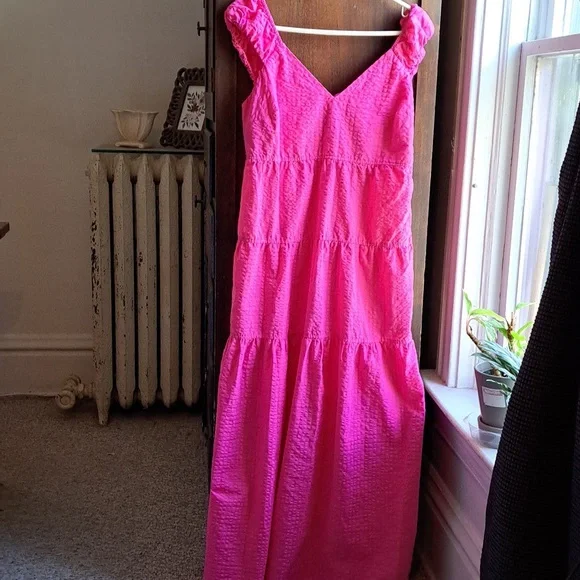 Old Navy | Dresses | Old Navy Size M Tall Hot Pink 6 Cotton Tiered V Neck  Summer Maxi Dress | Poshmark